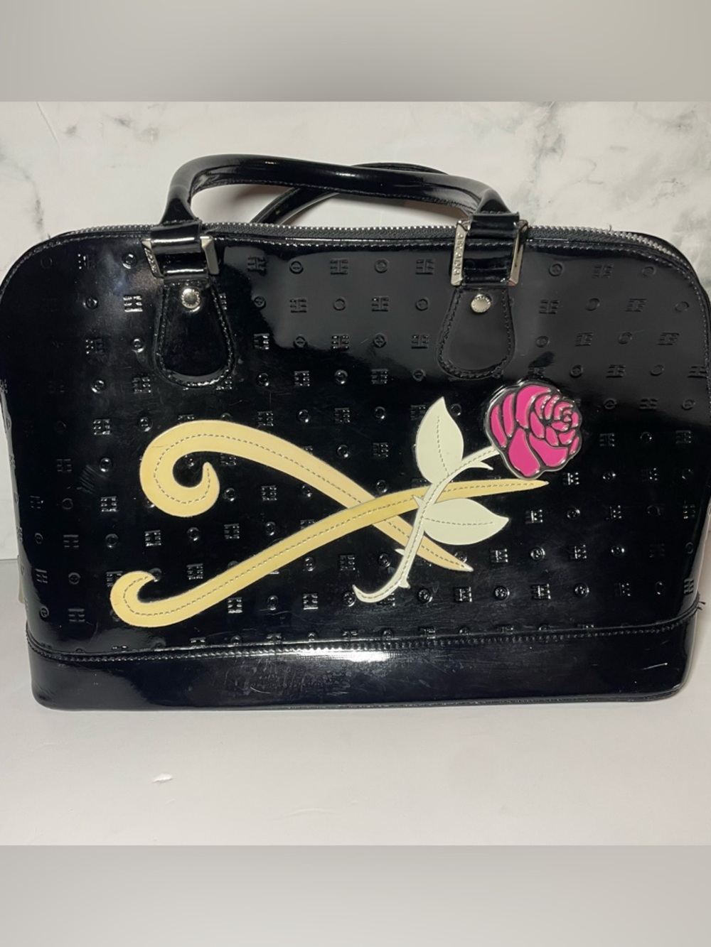 Arcadia Black Patent Satchel with Pink Rose and Cream Vine